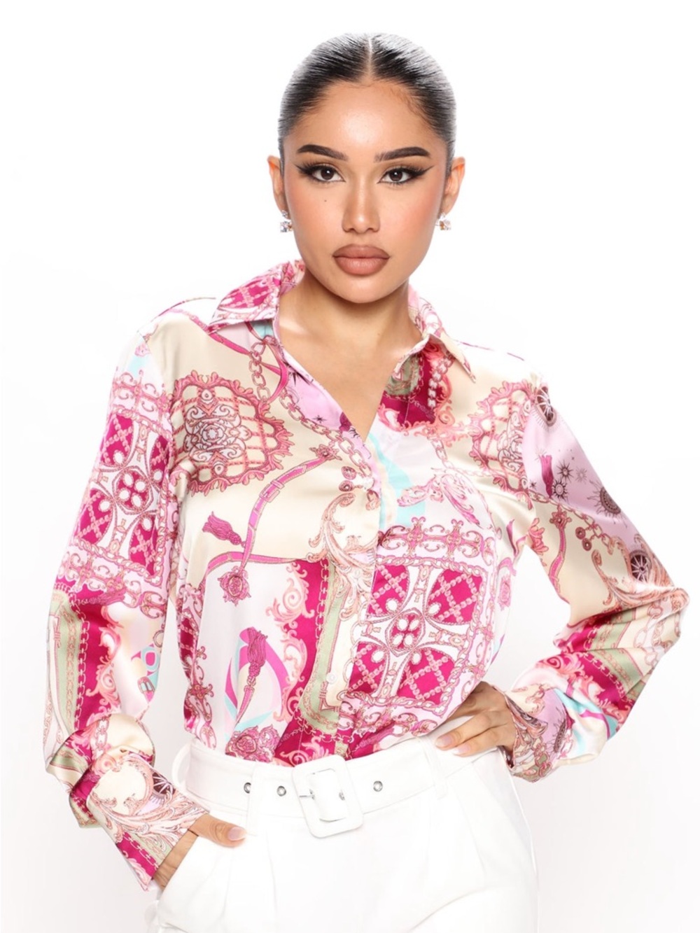 Fashion Nova Spending Spree Satin Button Down Blouse | Pink/Combo